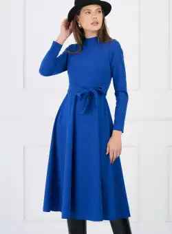 Rochie DY Fashion office din crep albastra cu cordon in talie