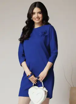 Rochie DY Fashion office din jerse albastra cu floare maxi pe bust