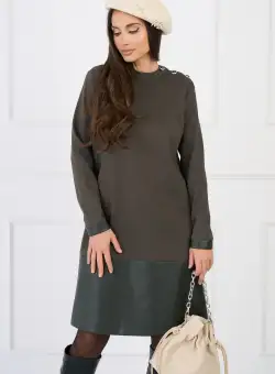 Rochie DY Fashion office din jerse kaki cu insertie din piele ecologica la baza
