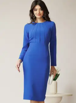 Rochie DY Fashion office din stofa albastra cu detalii cusute pe bust