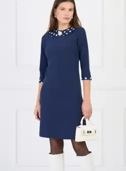 Rochie DY Fashion office din stofa bleumarin cu buline pe guler