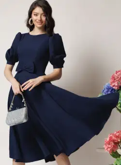 Rochie DY Fashion office din stofa bleumarin cu funda in talie