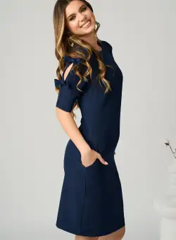 Rochie DY Fashion office din stofa bleumarin cu funde pe maneci