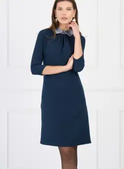 Rochie DY Fashion office din stofa bleumarin cu guler gri