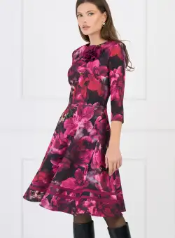 Rochie DY Fashion office din stofa cu imprimeu si floare magenta