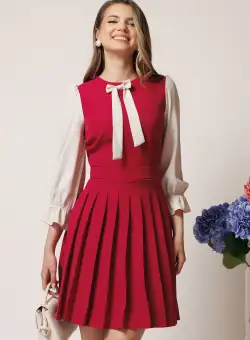 Rochie DY Fashion office din stofa magenta cu maneci din voal si funda pe bust