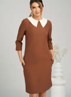 Rochie DY Fashion office din stofa maro cu guler alb