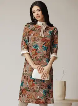 Rochie DY Fashion office din stofa maro cu imprimeu si mansete din poplin