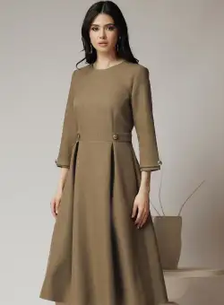 Rochie DY Fashion office din stofa maro cu nasturi in talie