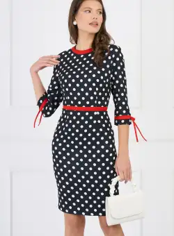Rochie DY Fashion office din stofa neagra cu buline si banda decorativa in talie