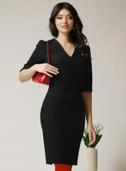 Rochie DY Fashion office din stofa neagra cu funda in talie