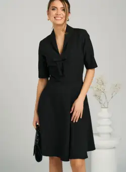 Rochie DY Fashion office din stofa neagra cu funda la bust