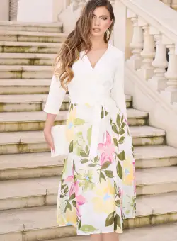 Rochie DY Fashion office din stofa si voal alba cu imprimeu pe fusta