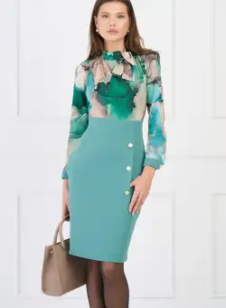 Rochie DY Fashion office din stofa si voal satinat verde cu imprimeu bej la bust