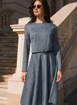 Rochie DY Fashion office din tricot bleu cu croi clos si curea in talie