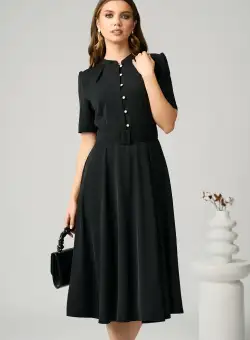 Rochie DY Fashion office din triplu voal neagra cu nasturi la bust si curea in talie