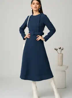 Rochie DY Fashion office din tweed bleumarin cu nasturi pe bust si curea in talie