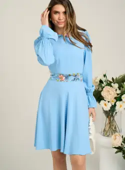 Rochie Dy Fashion office din voal bleu cu guler si banda in talie din satin cu imprimeu