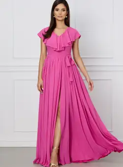 Rochie Dy Fashion roz lunga cu volan la bust si cordon in talie