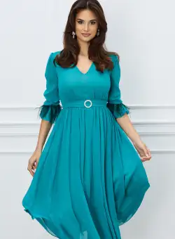 Rochie DY Fashion turcoaz cu pene la maneci si accesoriu in talie