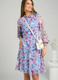 Rochie DY Fashion vaporoasa din voal bleu cu imprimeuri florale fucsia si orange