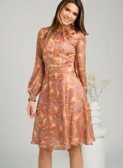 Rochie DY Fashion vaporoasa din voal caramizie cu imprimeuri florale