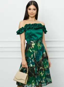Rochie DY Fashion verde cu imprimeuri florale pe fusta si volane la bust