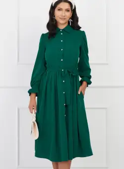 Rochie Dy Fashion verde cu nasturi si cordon in talie