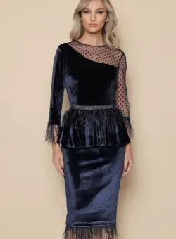 Rochie eleganta din catifeasi tull la bust bleumarin cu pene si peplum