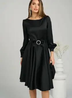 Rochie eleganta din satin neagra cu funda in talie