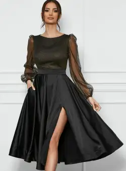 Rochie eleganta din satin neagra cu glitter la bust
