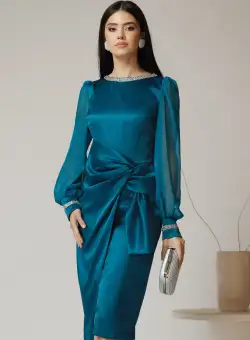 Rochie eleganta din satin turcoaz cu maneci din voal