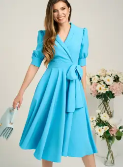Rochie eleganta din stofa bleu funda in talie