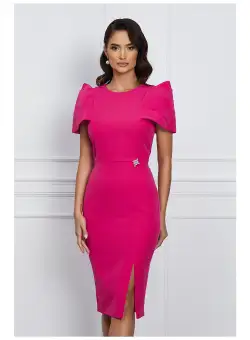 Rochie eleganta din stofa fucsia cu umeri bufanti