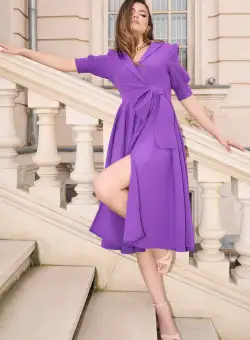 Rochie eleganta din stofa mov funda in talie