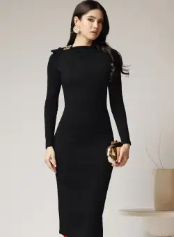 Rochie eleganta din stofa neagra cu brosa si funda la umar