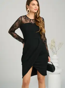 Rochie eleganta din stofa neagra cu dantela la bust si maneci
