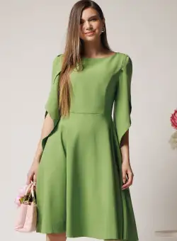 Rochie eleganta din stofa verde lime cu maneci evazate petrecute