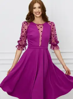Rochie eleganta magenta cu maneci din tull cu buline catifelate