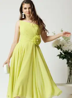Rochie eleganta midi din voal verde lime cu floare in talie