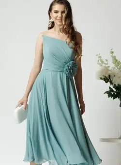 Rochie eleganta midi din voal verde mint cu floare in talie