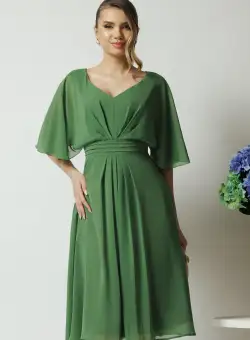 Rochie eleganta vaporoasa din voal verde cu pliuri pe talie