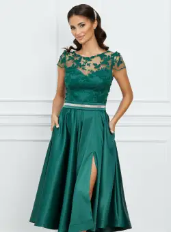Rochie eleganta verde cu dantela la bust si crepeu maxi