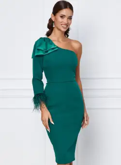 Rochie eleganta verde cu o maneca si funda maxi pe umar