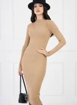 Rochie Elena bej din tricot cu insertii din fir lurex