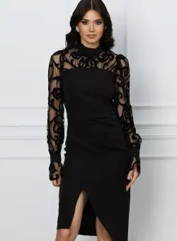 Rochie Ella Collection Adeia neagra cu insertii catifelate pe maneci