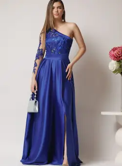 Rochie Ella Collection Alesia lunga eleganta din tafta albastra cu broderie la bust