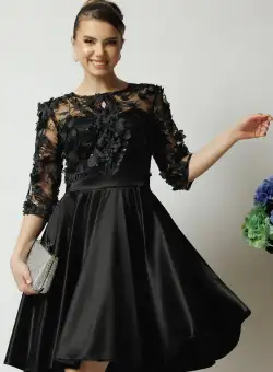 Rochie Ella Collection Ana eleganta din tafta neagra cu broderie florala 3D la bust