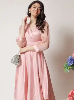 Rochie Ella Collection Anda eleganta din tafta roz cu maneci din organza