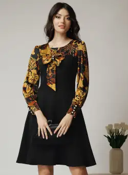 Rochie Ella Collection Andrada office din stofa neagra cu funda si imprimeu galben